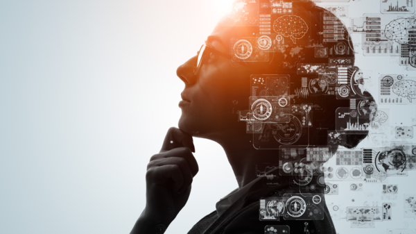 IT professional in deep thought, overlaid with digital data interfaces and AI visualizations, symbolizing the evolving role of technology and human decision-making in the future of work.